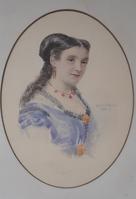 William Egley (1798-1870), oval watercolour, Portrait of a lady, signed and dated 1870, together with another work in the manner of Egley, bears signature and date 1868, 20 x 14cm. Condition - fair